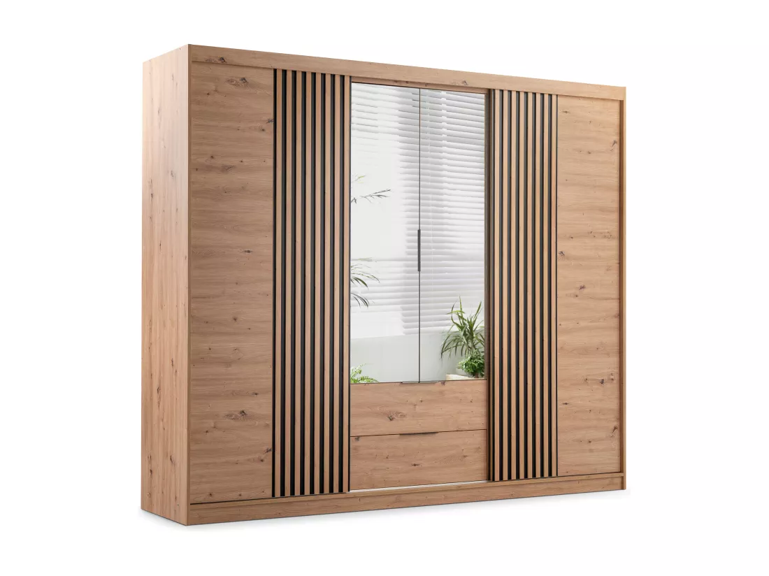 Armoire 4 portes et 2 tiroirs - Avec miroir - L250 cm - Coloris : Naturel - SIDOVIA