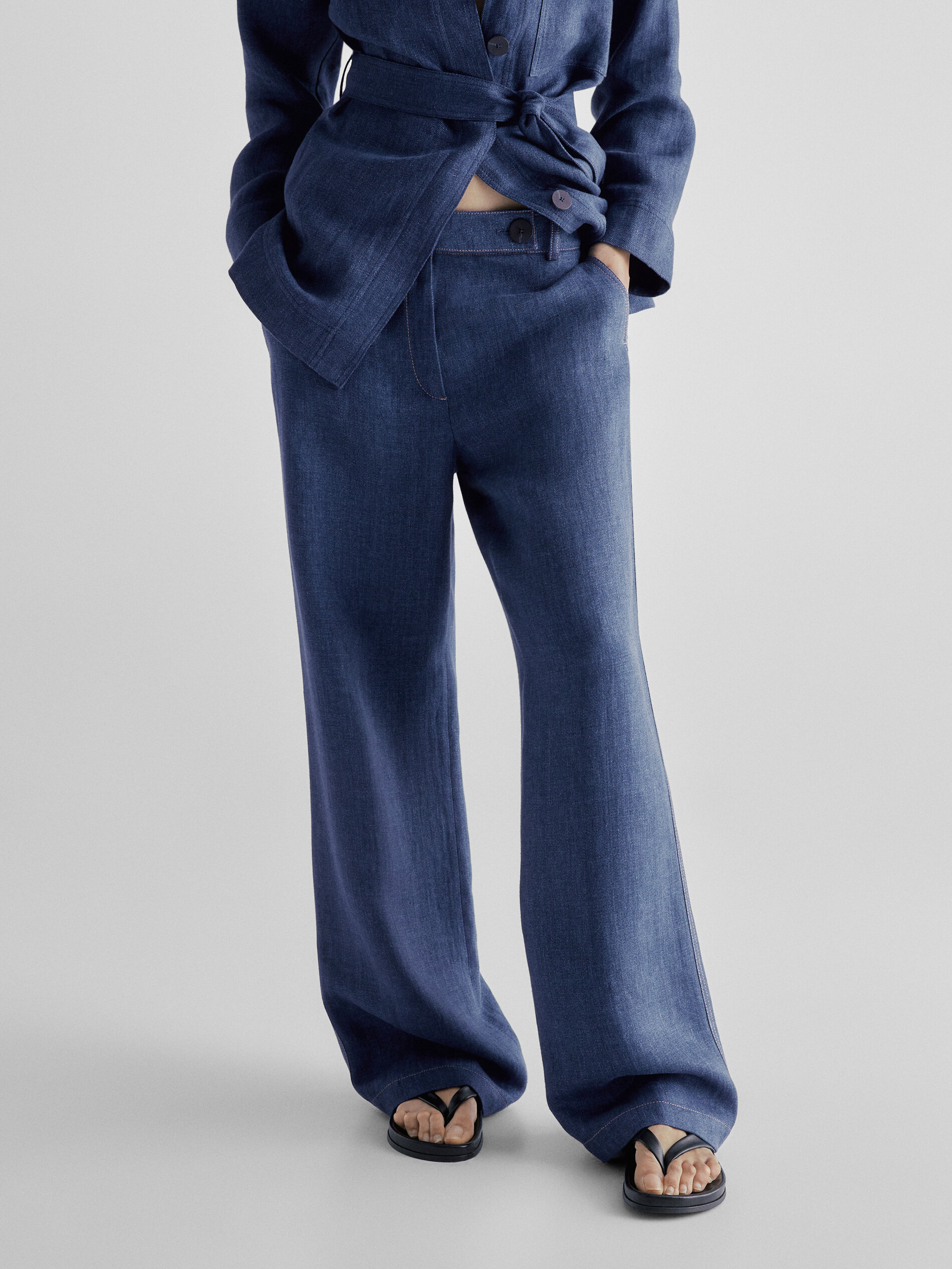 Conjunto de calça e blusa de linho com efeito jeans - Azul Marinho