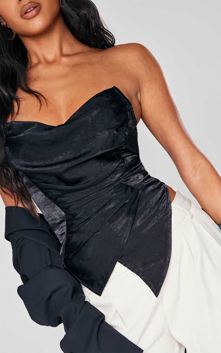 Noir Corset En Satin Martelé À Ourlet Pointu Asymétrique
