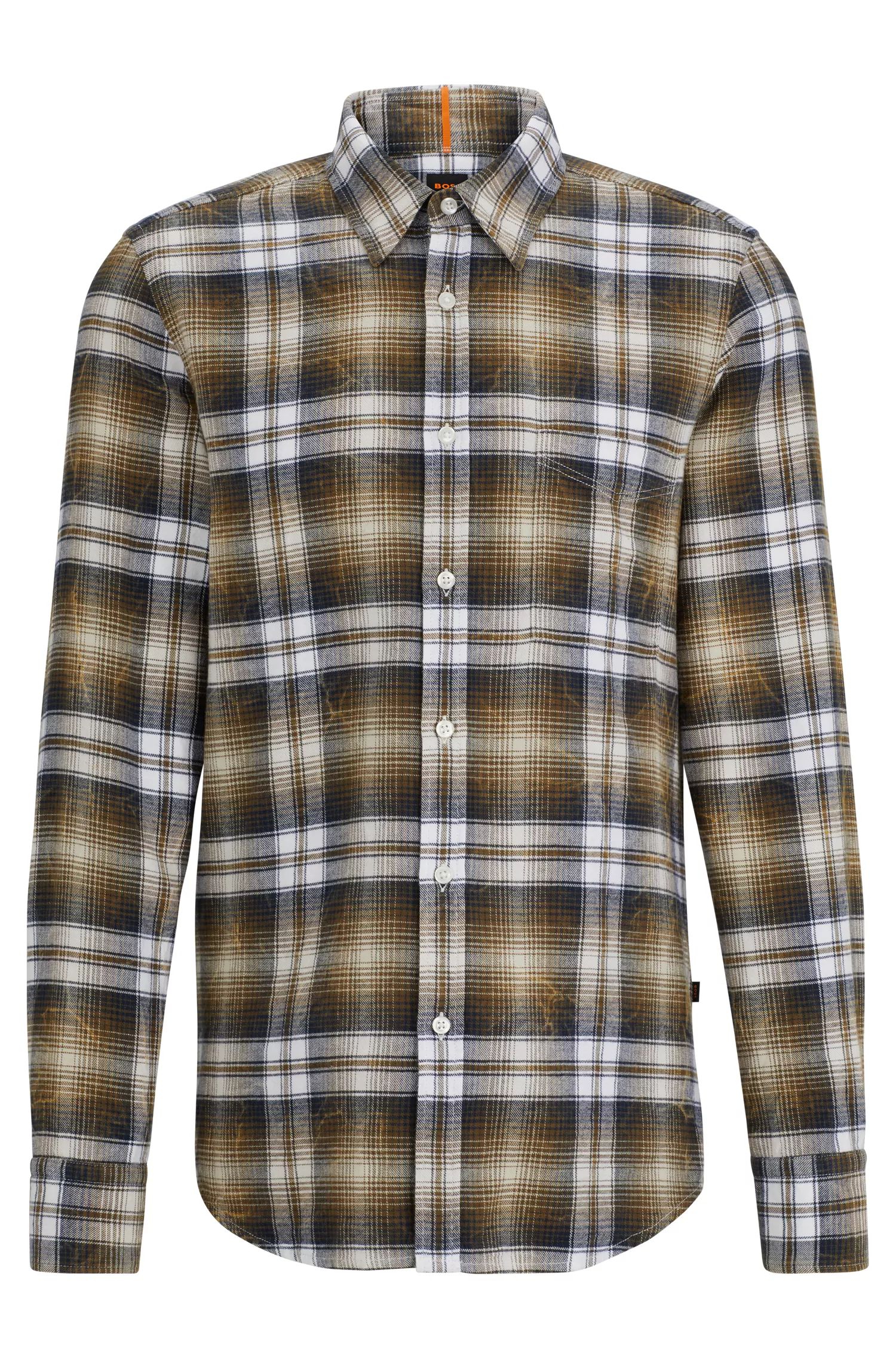 Camisa BOSS laranja, corte regular, em flanela de algodão xadrez.