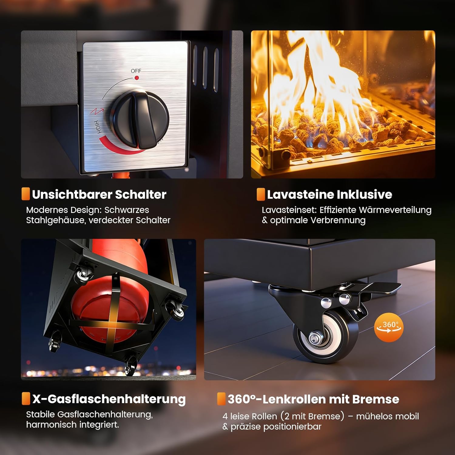 Sweetcrispy Heizstrahler Terrasse Gas 11 kW, Terrassenheizer, Propan Butan Gasheizstrahler, Mobiler Tragbarer Heizpilz, 360° Rollen Kippschutz, Gasheizung Gasheizer für Outdoor Garten, Schwarz