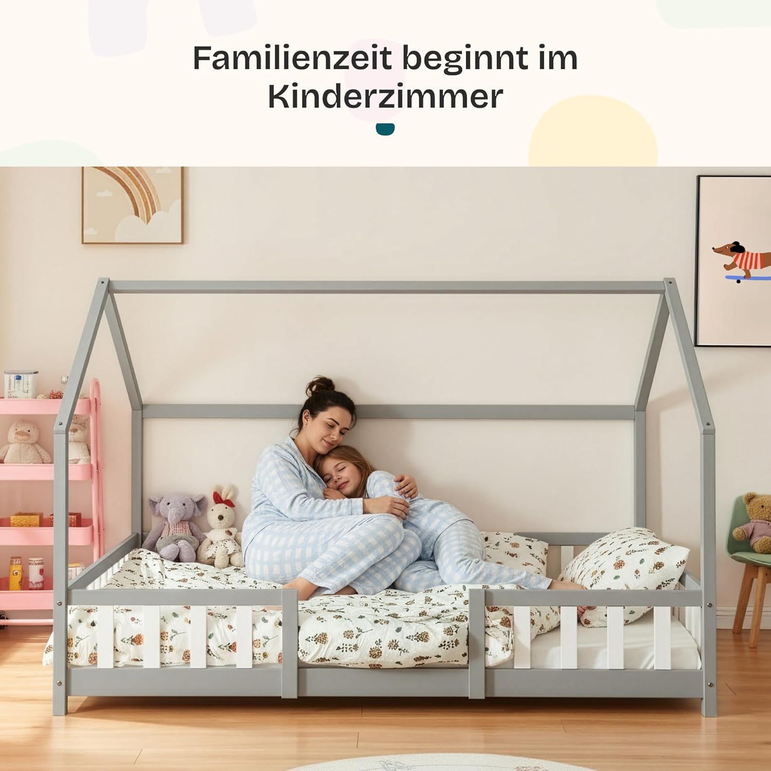 [en.casa] Kinderbett Sisimiut mit Matratze 120 x 200 cm Hausbett Montessori mit Rausfallschutz Holzbett für Kinder Bodenbett Lattenrost Kiefernholz Hellgrau/Weiß