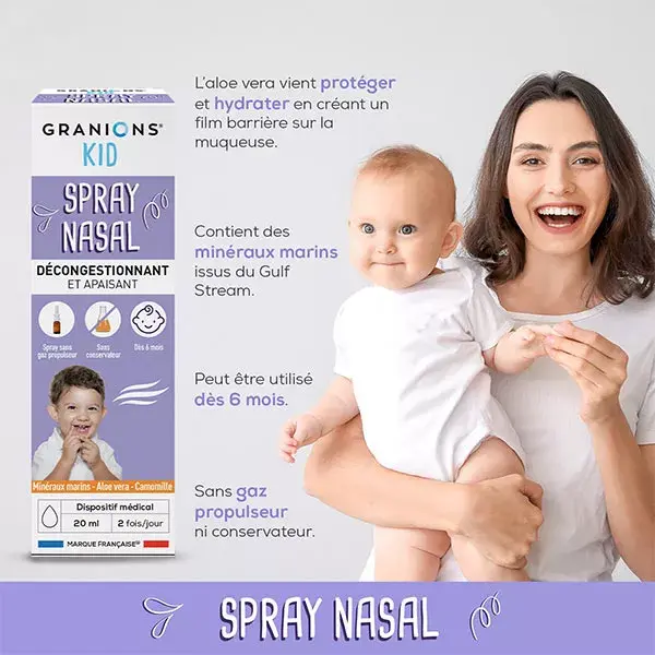 O spray nasal Granions Kid descongestiona e acalma a mucosa nasal. 20 ml