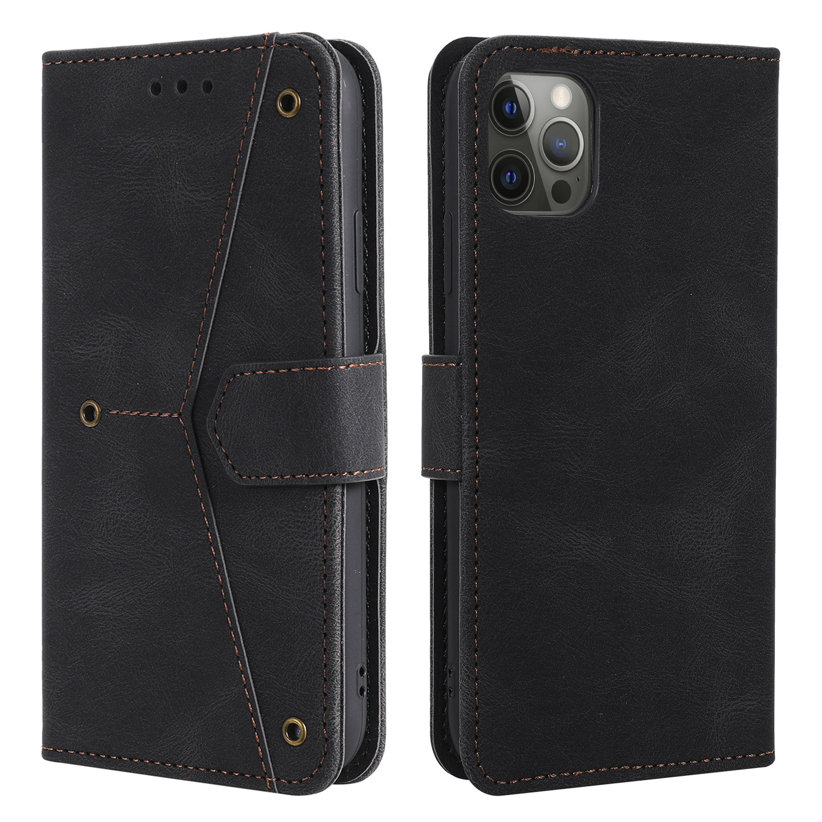 iPhone 14 Pro Vintage Leder Tasche Flip Cover mit Kartenfächer   Handschlaufe (ohne Magnetverschluss) - Schwarz