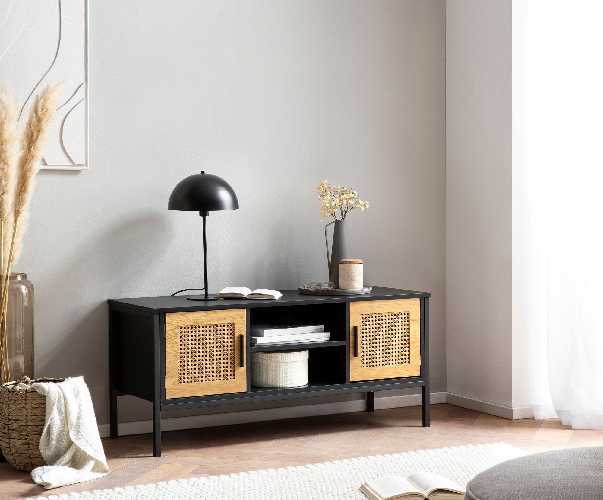 Lowboard FineBuy TV Schrank 110 cm Holz Schwarz Fernsehkommode Wiener Geflecht