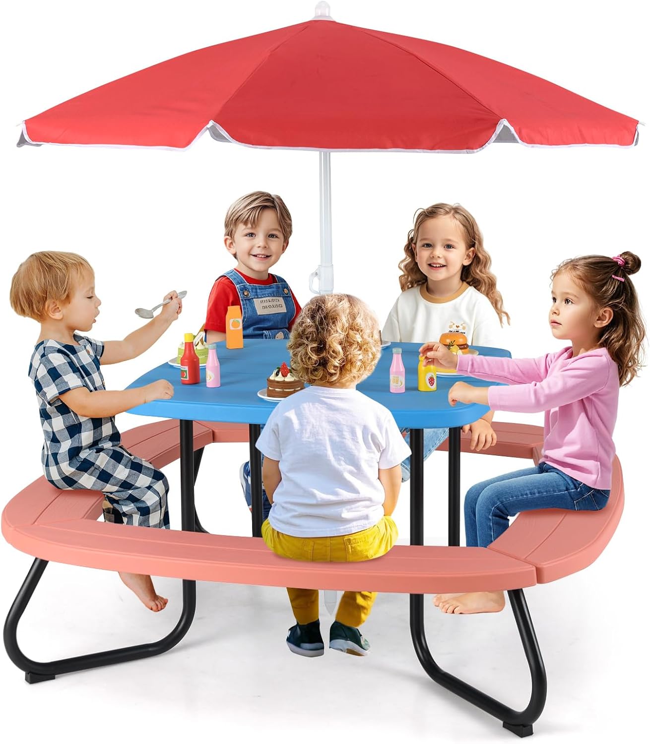 COSTWAY Kindersitzgruppe Outdoor, Kindersitzgarnitur für bis zu 8 Kinder, Picknicktisch mit Sonnenschirm & 4 Sitzbänken, Gartenmöbel Sitzgruppe Kinder für Garten, Hinterhof (Rot)