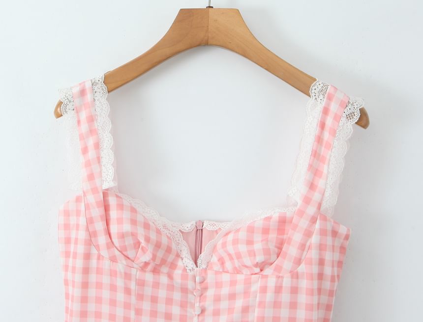Cumulys - Mouwloze Sweetheart Neck Gingham Ruffle Mini A-lijn Jurk