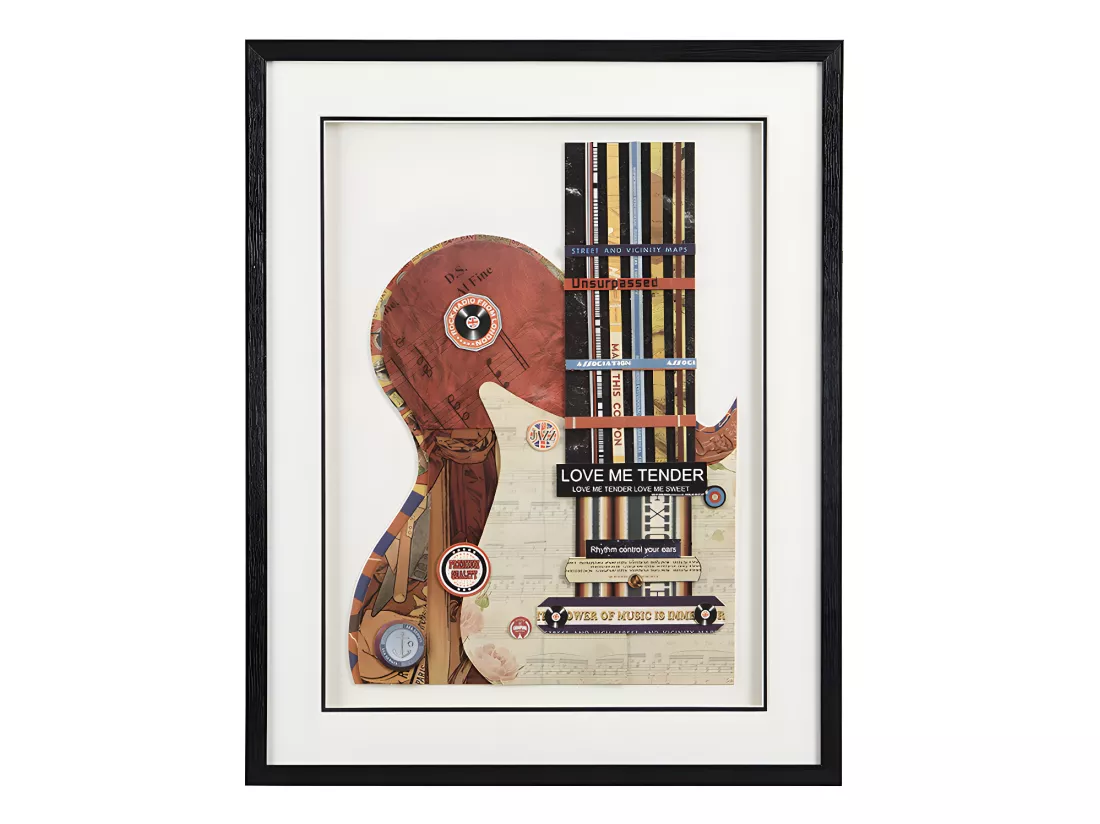 Tableau collage guitare effet 3D HERO avec cadre noir - 50 x 70 cm - Multicolore