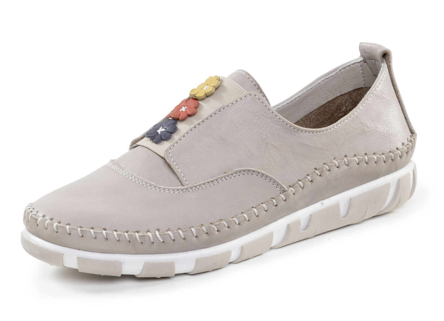 Gemini Slipper mit dezenter Knitter-Struktur und bunten Leder-Blüten