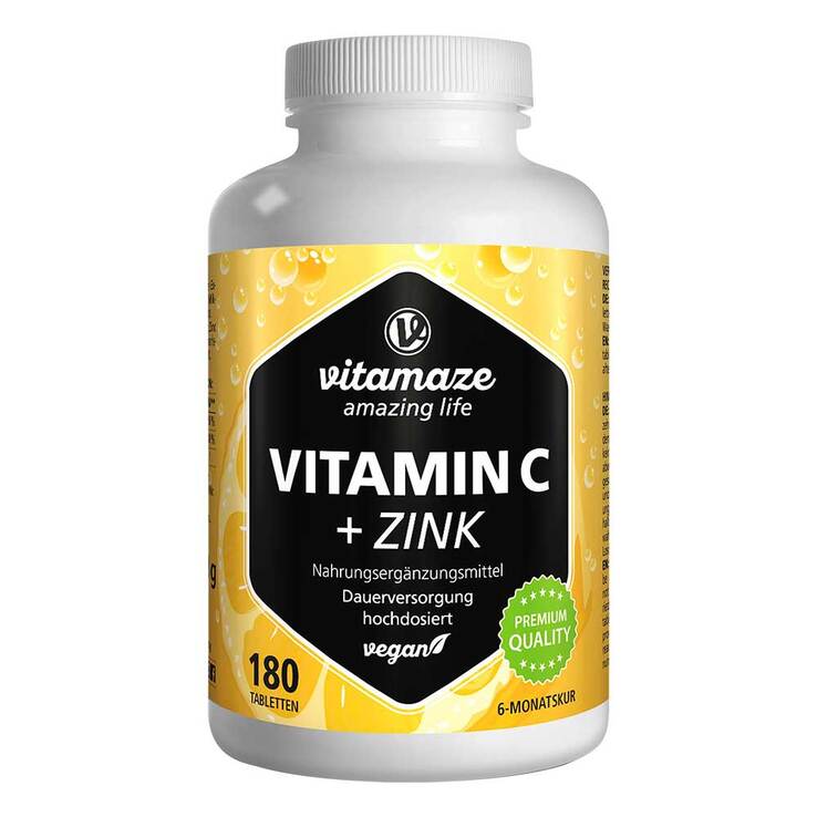 Vitamin C 1000 mg hochdosiert + Zink vegan Tabletten, 180 St
