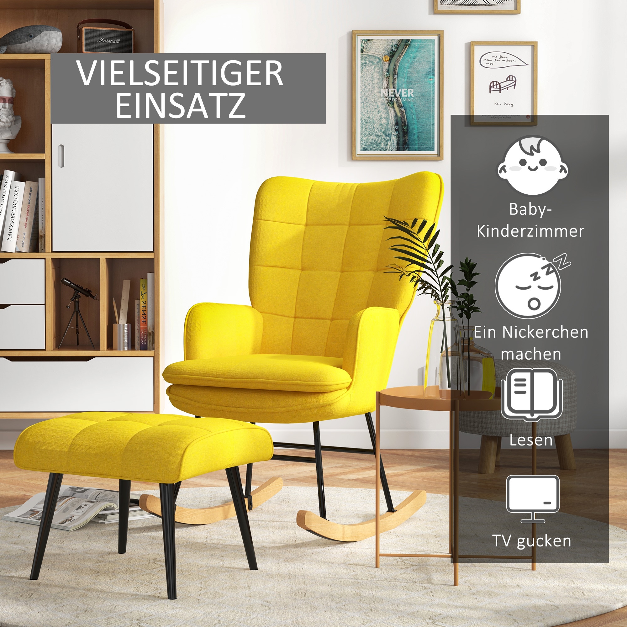 HOMCOM Schaukelstuhl mit Hocker und hoher Rückenlehne gelb 64L x 89B x 90H cm