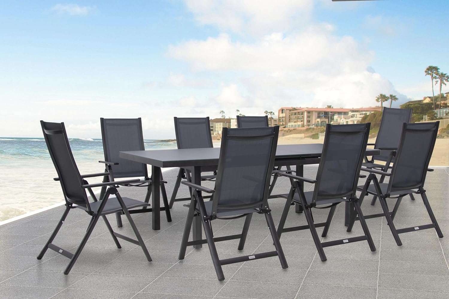 OUTFLEXX Premium Garten-Essgruppe, anthrazit/grau, Alu/Textilene, Ausziehtisch 180/240x100cm, 8 Klappstühle