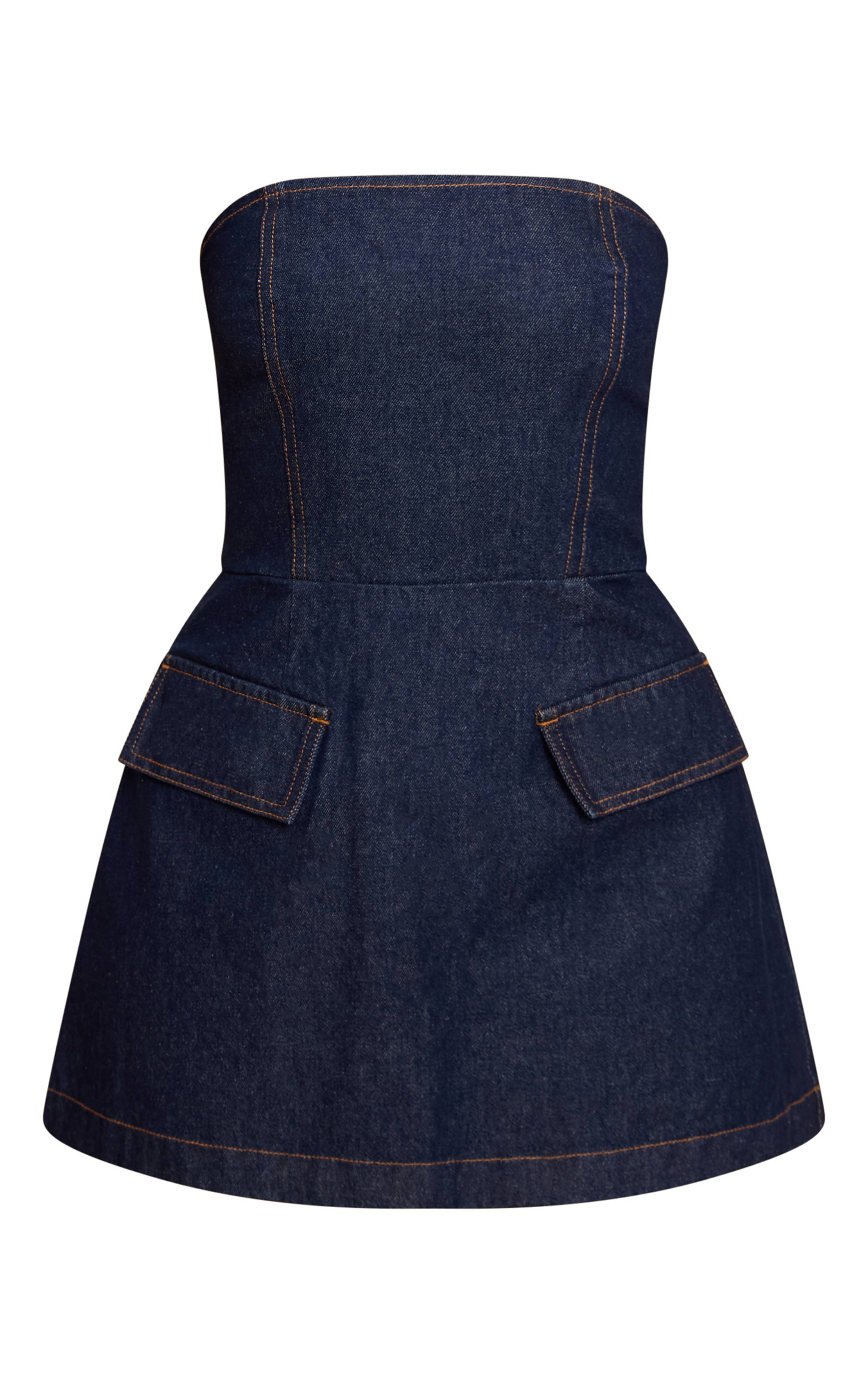 Bleu Indigo Robe Mini En Denim Trapèze Structurée Bustier