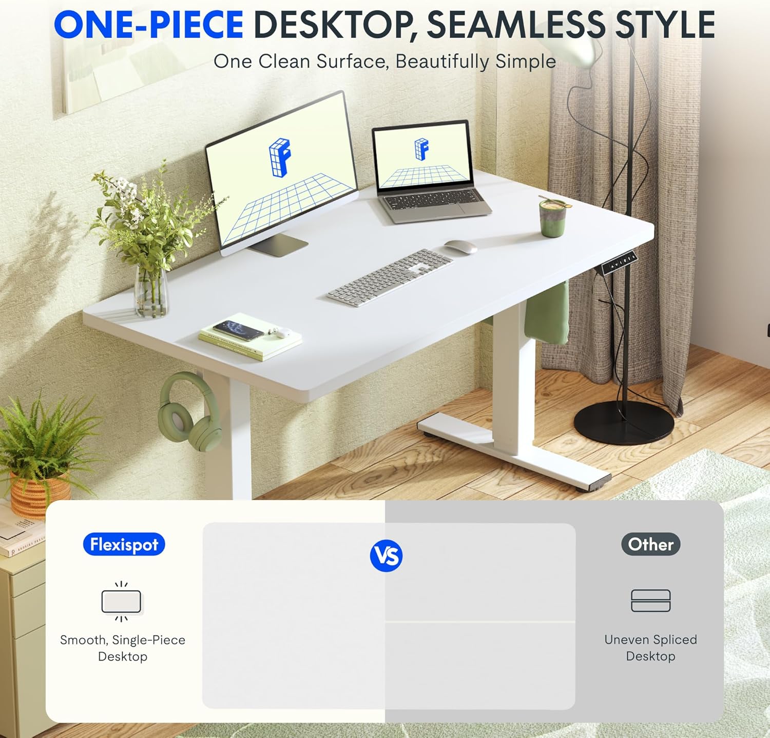 FLEXISPOT Höhenverstellbarer Schreibtisch 140×80cm, mit Haken und 25mm EINTEILIGER Tischplatte, ergonomischer Schreibtisch mit LED-Höhenanzeige und Memory-Funktion (Weiß, Weiß)