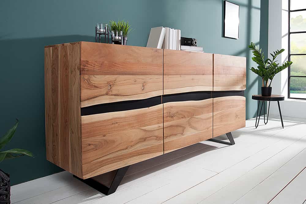 Massivholz Sideboard AMAZONAS 150cm Akazie natur Metall schwarz Baumkante