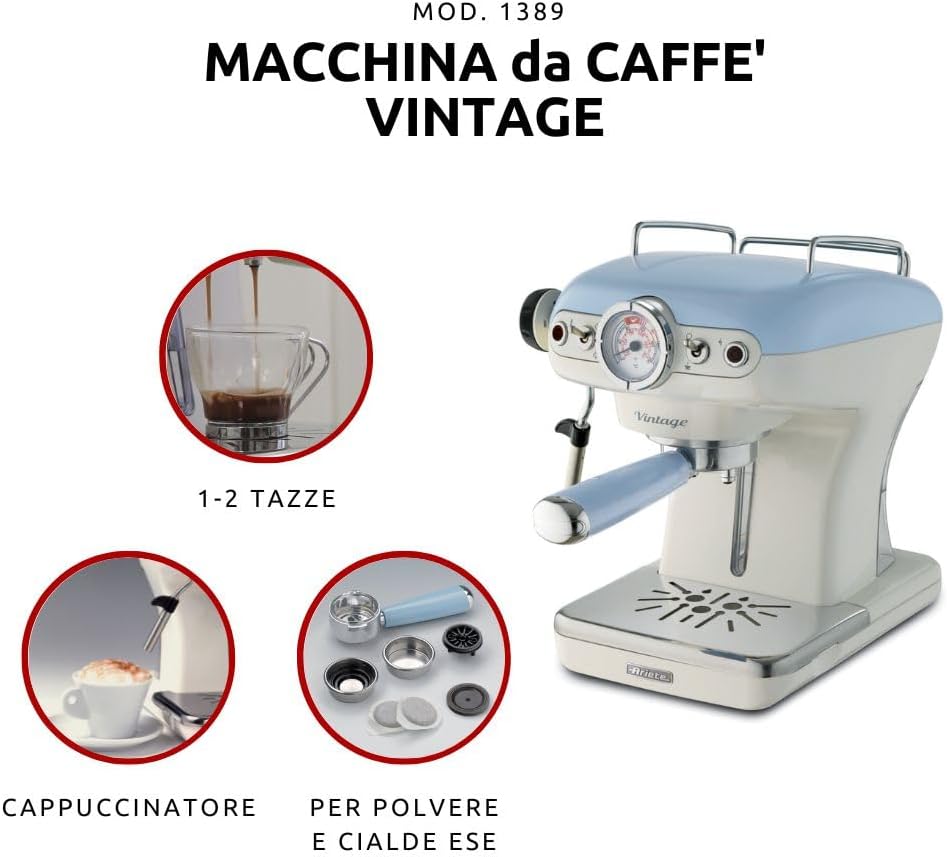 Ariete Espresso Vintage 1389, Machine à Café Expresso Pour Poudre Ou Dosette Ese, 1 Et 2 Tasses, Buse Cappuccino, Support de Tasse en Acier Inoxydable, 15 Bars, 850W, Beige