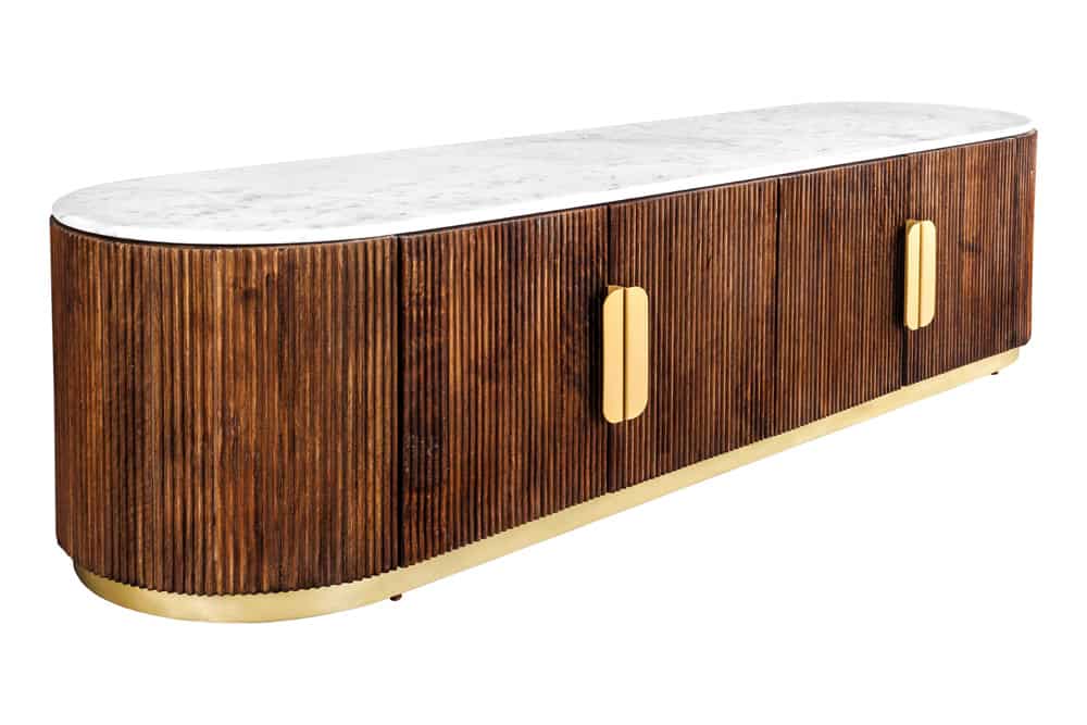 Design TV-Board GATSBY 170cm braun gold Mangoholz weiße Marmorplatte Lowboard