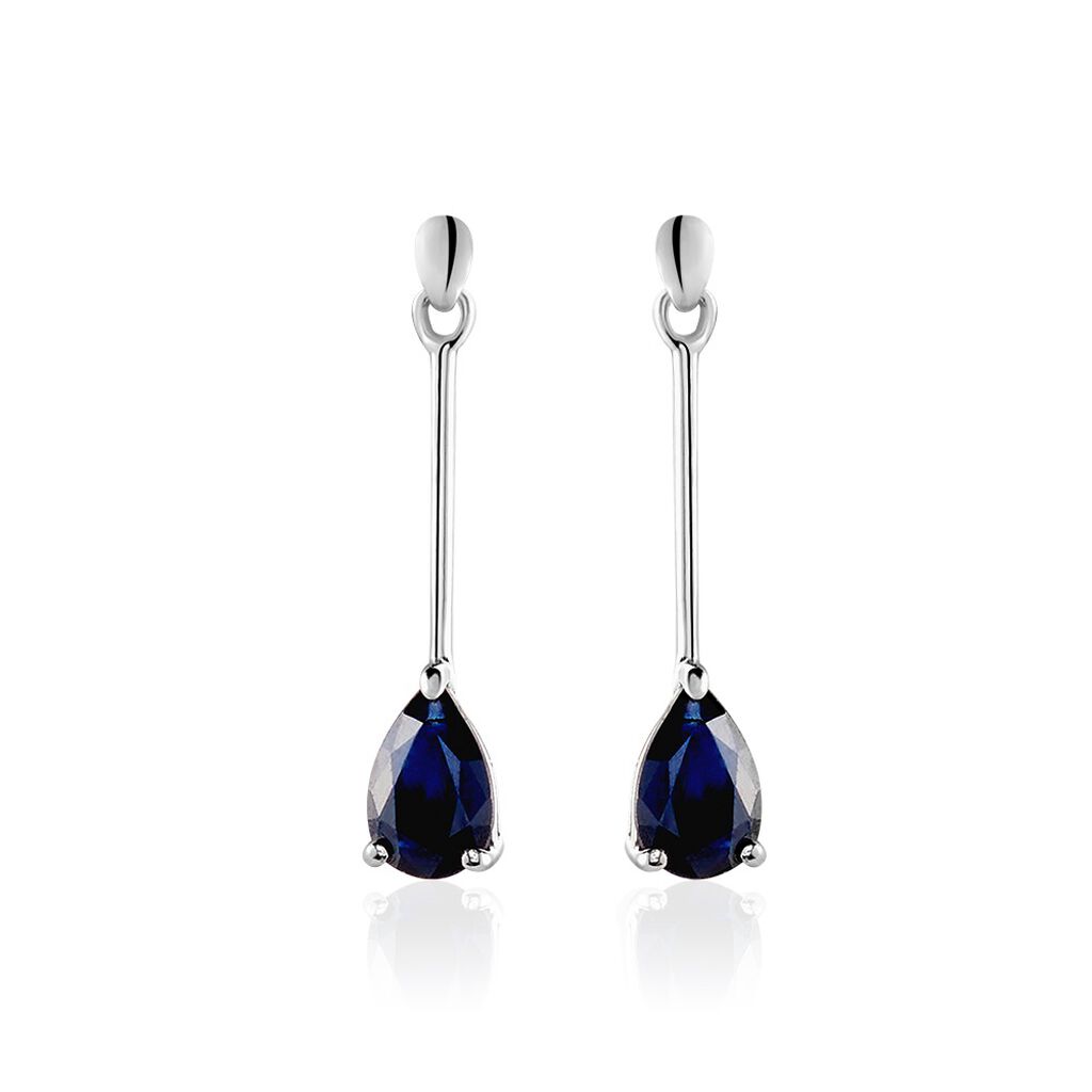 Boucles D'oreilles Pendantes Or Blanc Goutte Saphir