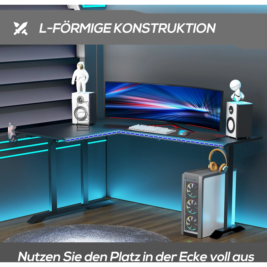 HOMCOM Gaming Tisch in L-Form mit Kopfhörerhaken und Getränkehalterung schwarz