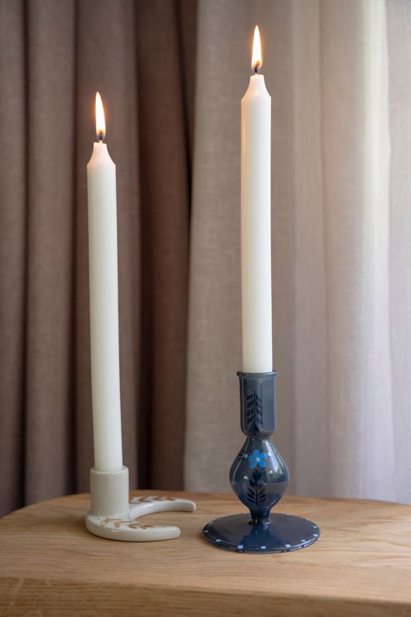 Kandelaar, beschilderd, blauw glas, bloem, 12,5 cm