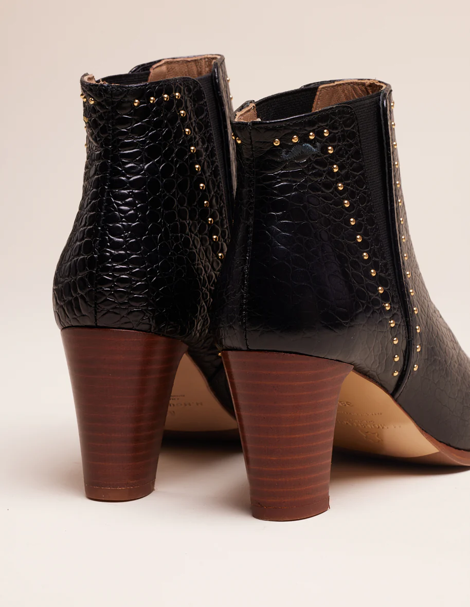 Bottines à talons Jeanne H - Cuir noir croco et clous