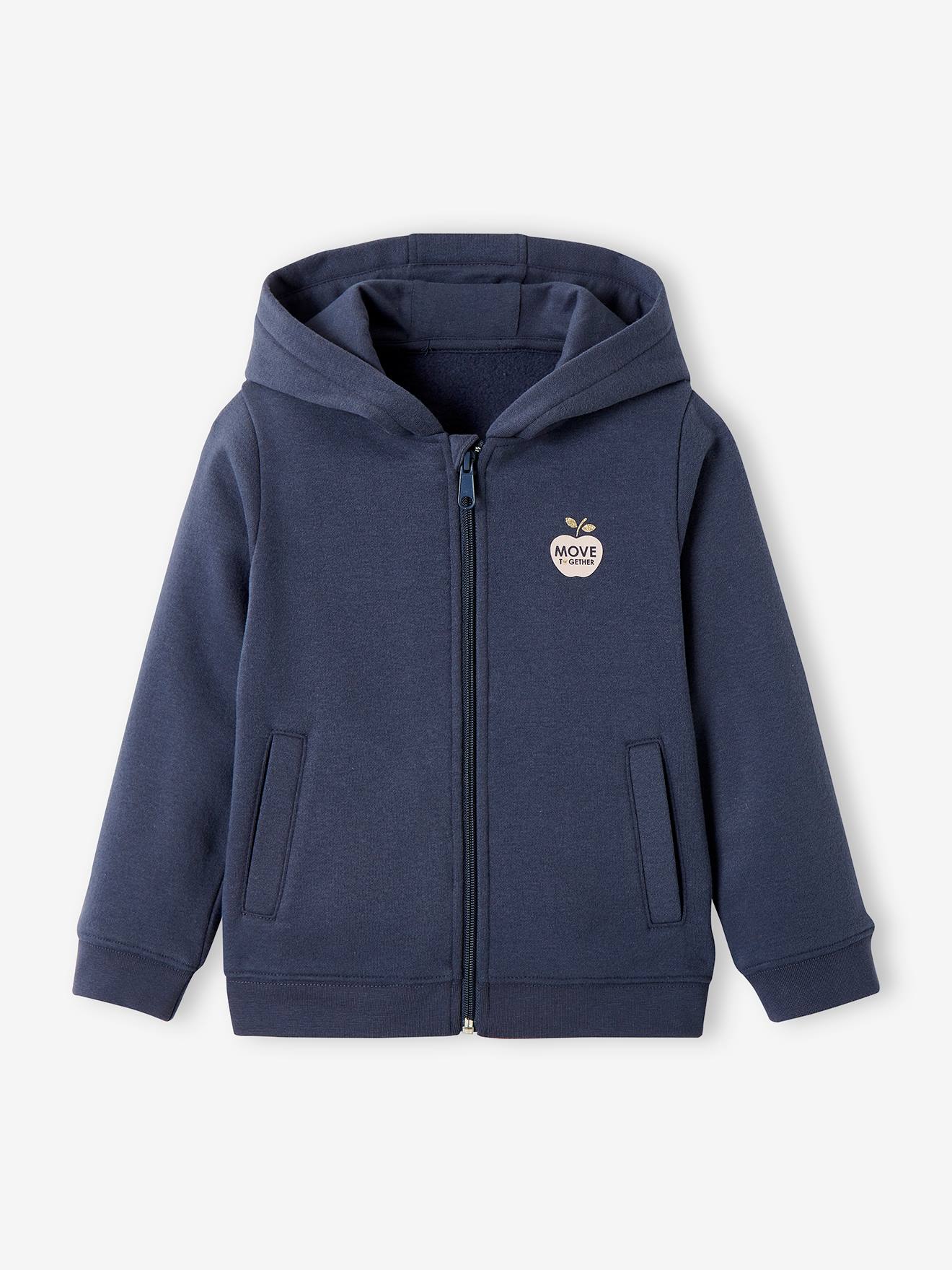 Moletom infantil feminino azul médio liso com zíper, capuz esportivo e detalhes decorativos.
