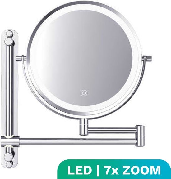 Mirlux Make-upspiegel met LED-verlichting, cosmetische spiegel 7x vergroting rond wandmodel chroom