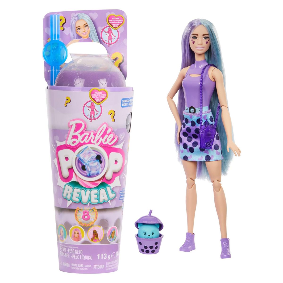 Mattel HTJ19 - Barbie - Pop Reveal - Duftende Puppe mit 8 Überraschungen und Farbwechsel, Taro-Milk-Edition
