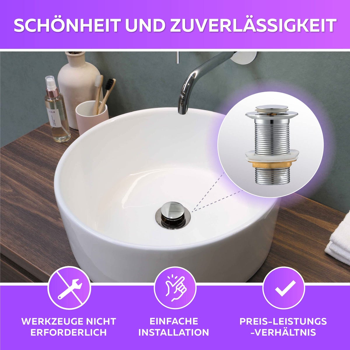 M. ROSENFELD HOME Gootsteenafvoerfitting ZONDER Overloop met Knop - Chromen Pop-Up Afvoerklep 1 1/4 inch Gemaakt van Roestvrij Staal en Messing voor Wastafel - Pop-Up Gootsteenafvoerfitting