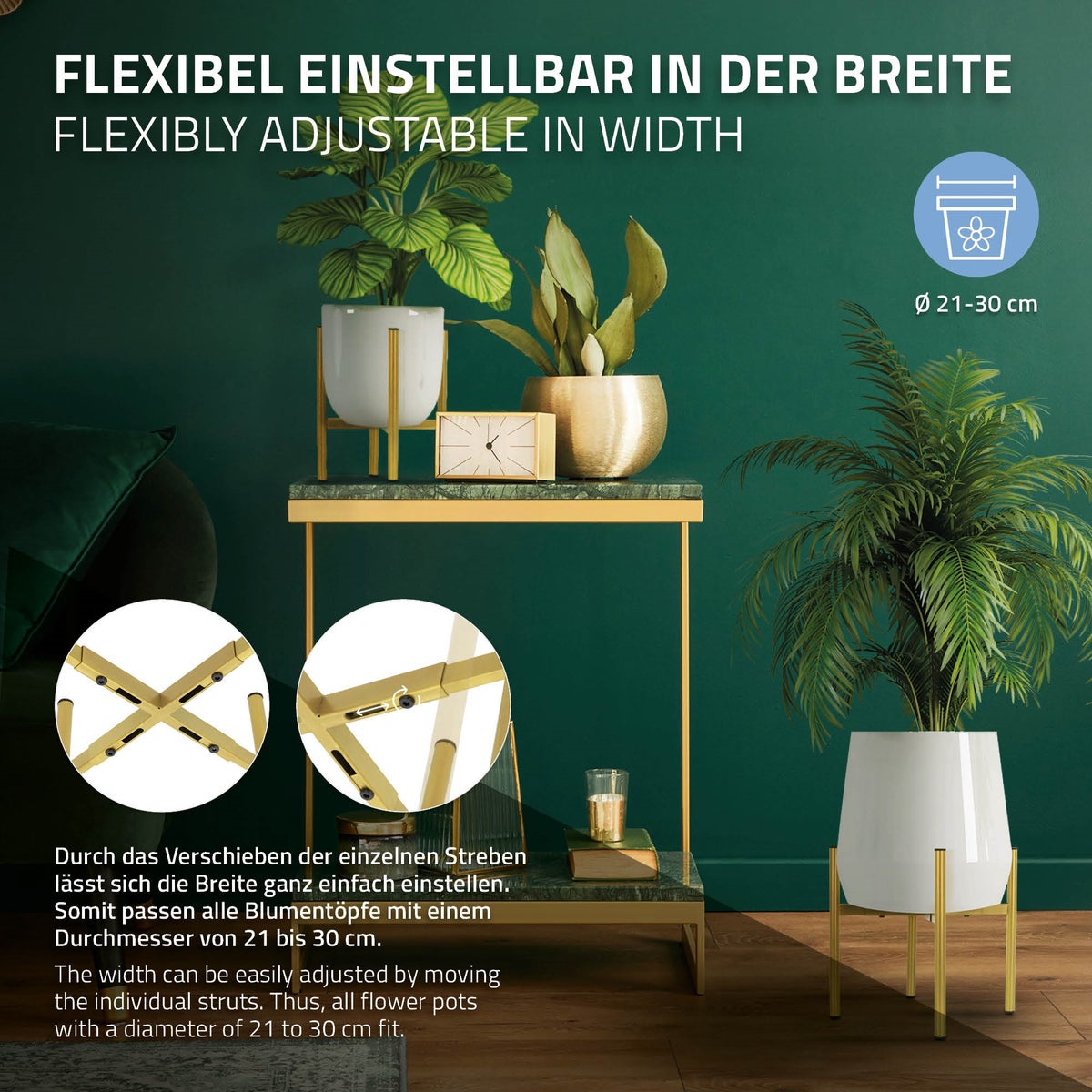 ML-Design Bloemenstandaard, Goud, 18-25x18-25x30 cm, Verstelbare, Moderne Bloempotstandaard, Stevige Metalen Plantenstandaard, Verstelbare Bloempothouder, Bloempotdecoratie, Bloemenhouder