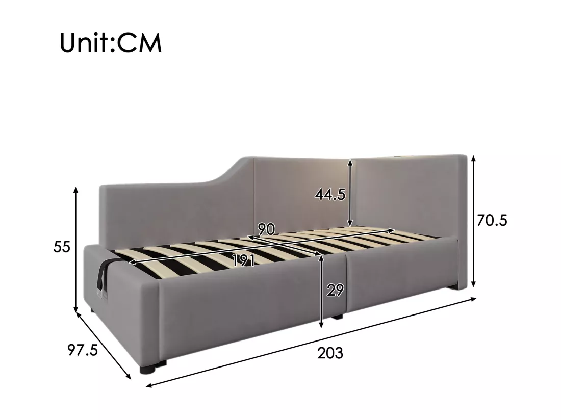 Lit coffre 90x190cm - Lit banquette en velours - avec liseuse et ports de charge - avec sommier à lattes - Gris