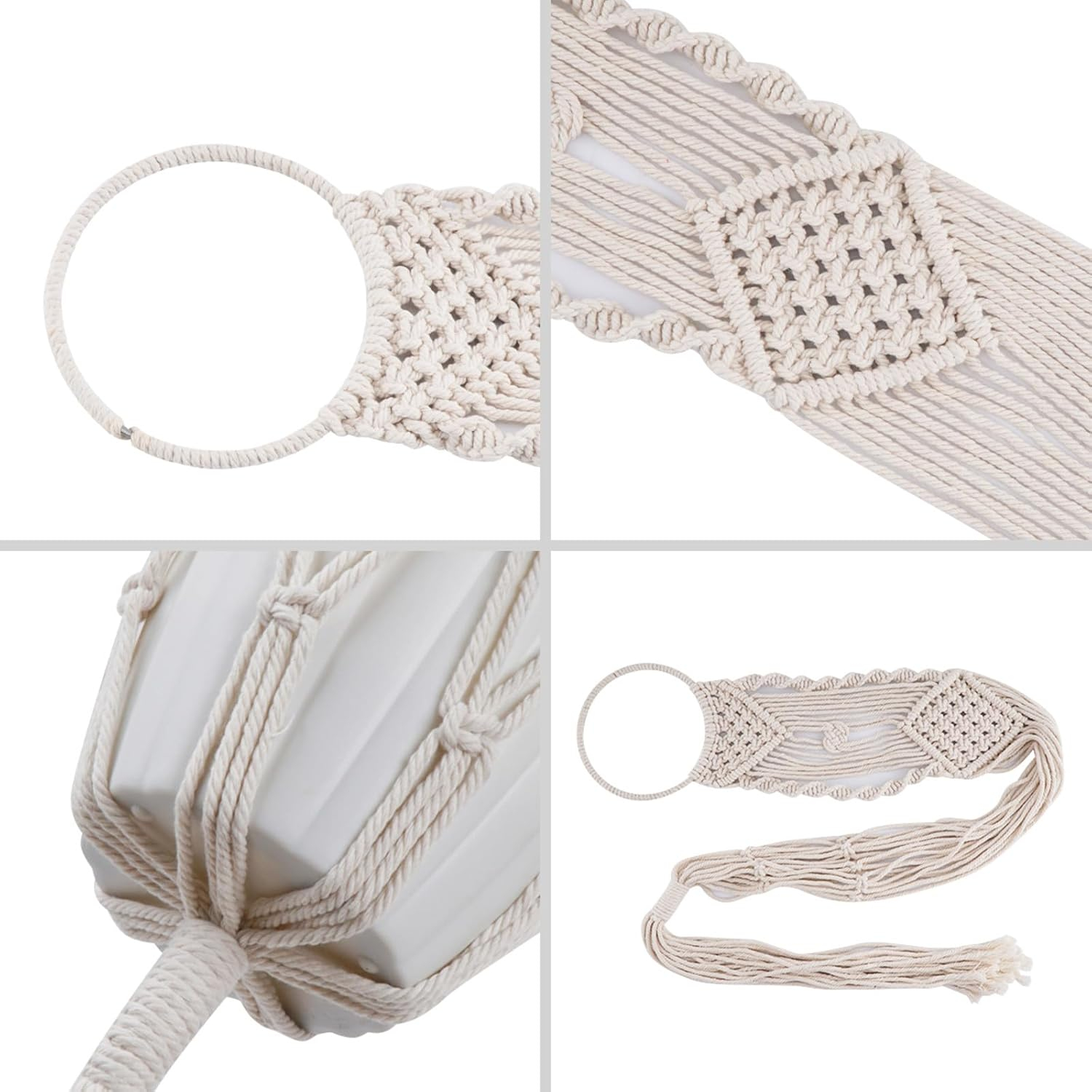 (4-tlg. Set) Makramee Pflanzenaufhänger Dekoration Hygge Lifestyle Hängeregal Geknüpftes Boho Accessoire - Beige