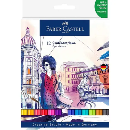 Faber-Castell 164612 - Goldfaber Aqua Dual Marker, mit Pinselspitze und Fineliner Spitze, 12er Etui