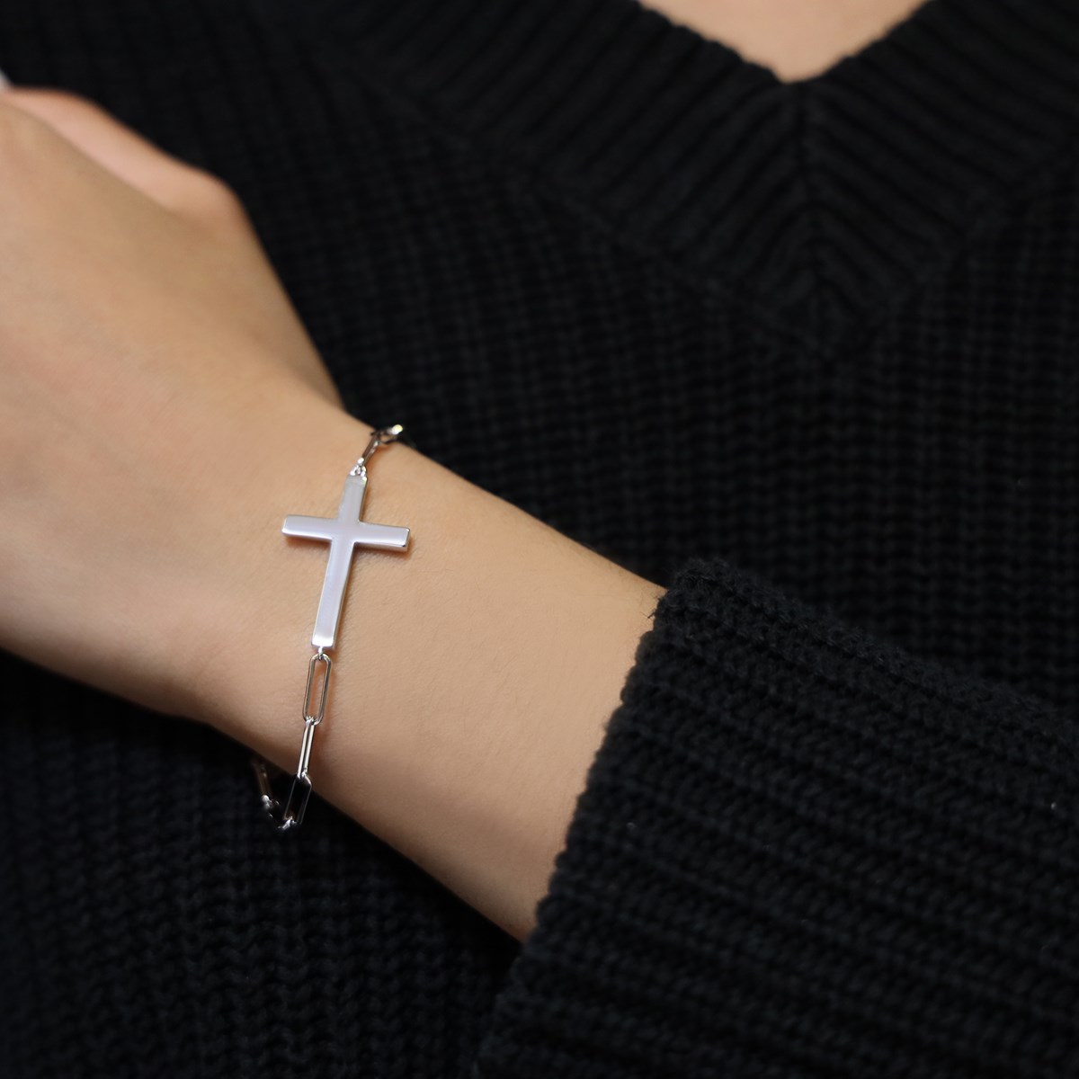 Bracelet Chaine Argent Croix Serti De Pierre Blanche