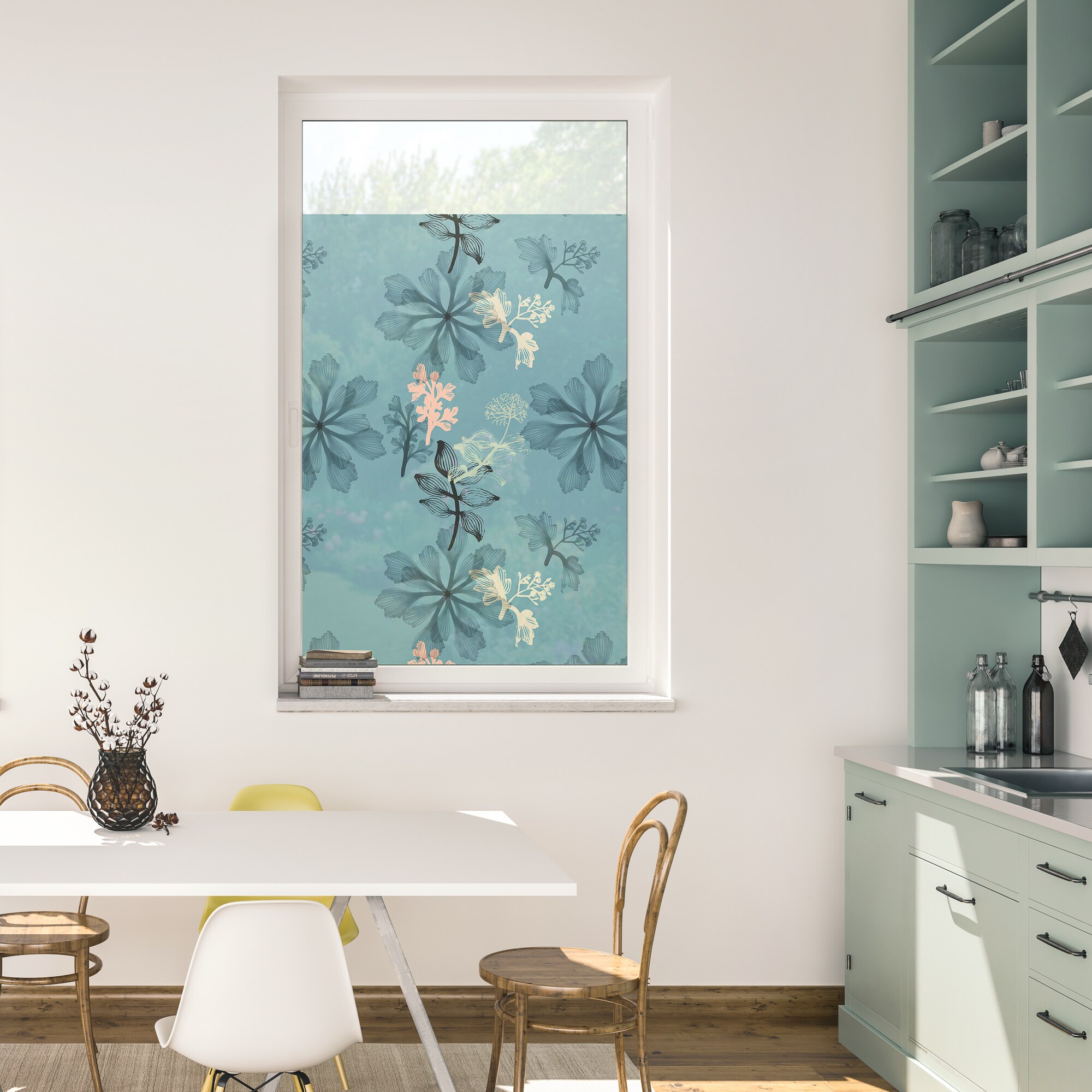 Lichtblick Fensterfolie selbstklebend, Sichtschutz, Aqua Floral - Blau