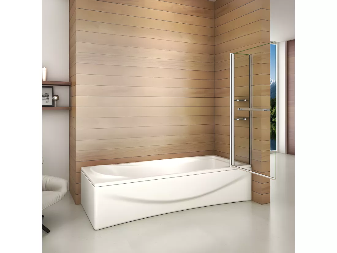 Pare-baignoire 100x140cm rectangle, paroi de baignoire pivotant 240° en verre de sécurité, avec 2 étagères