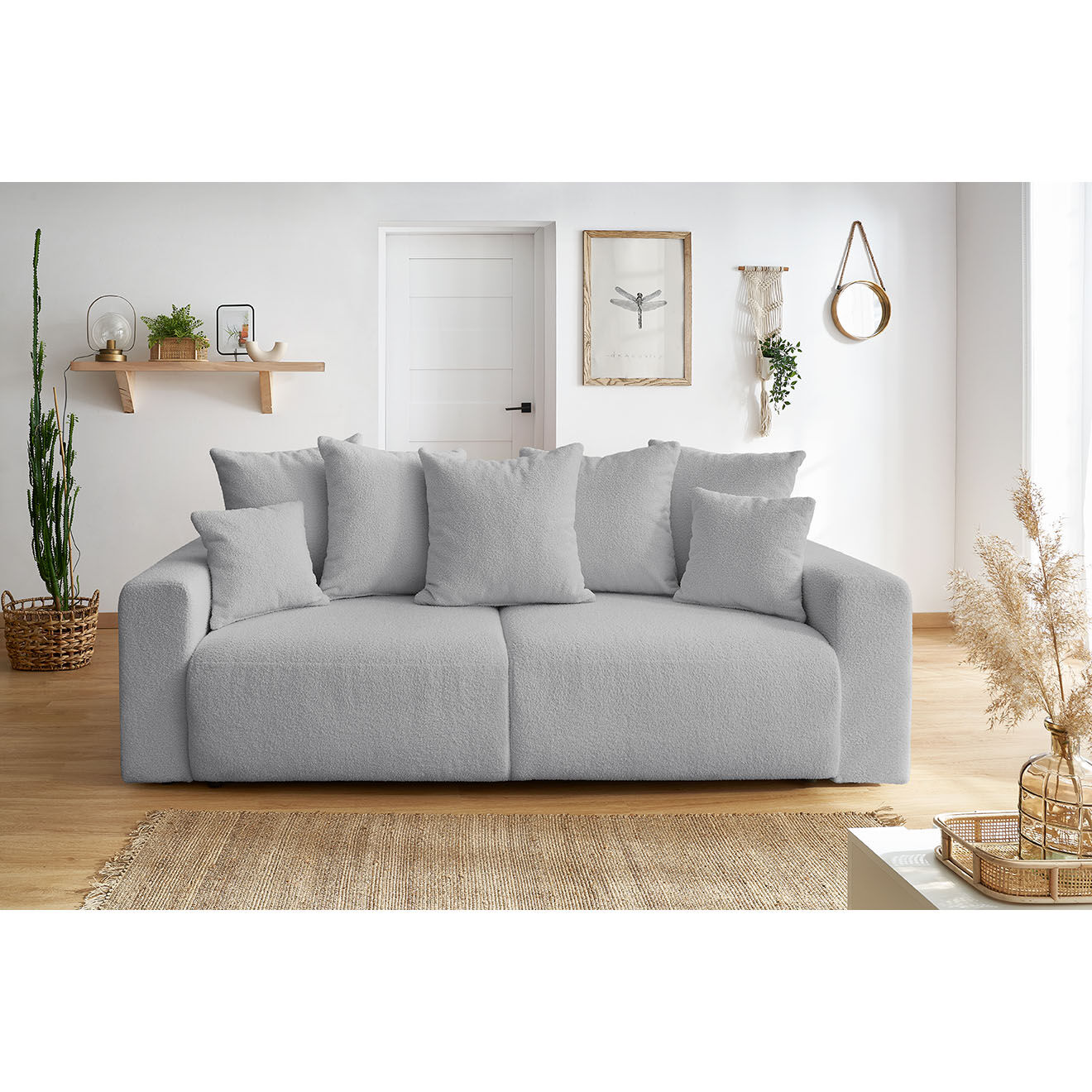 Bobochic Canapé 3 places convertible velours bouclette Envy gris clair - 245x102x88 cm