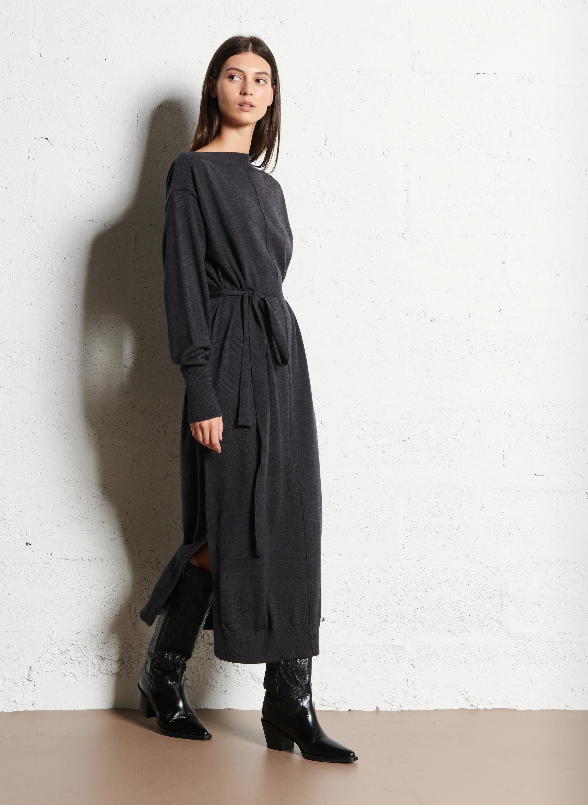 CLEA - Robe longue en maille côtelée | Gris