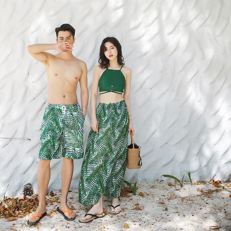 Komorkowe - Bijpassende zwembroek met bladprint / bikini met bladprint / cover-up rok / set