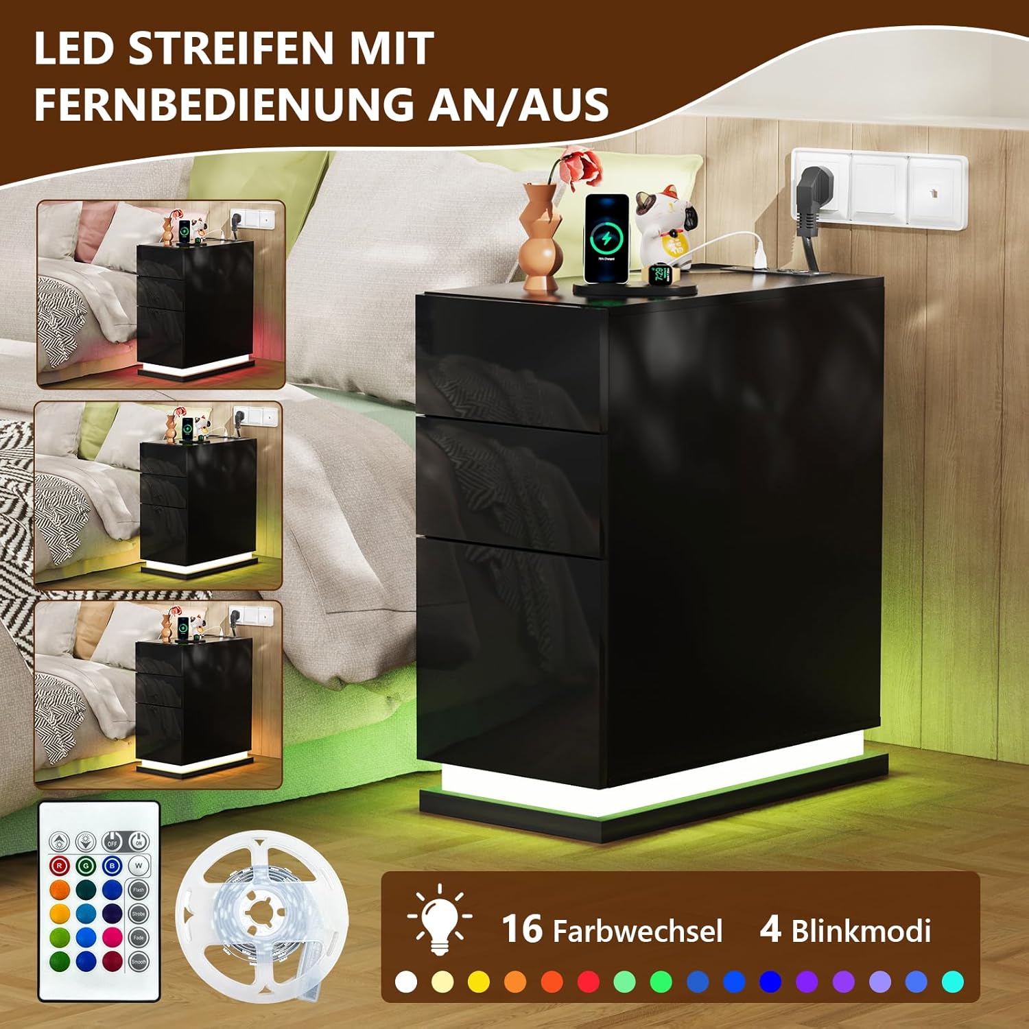 Nachttisch Schmal mit LED, Schwarz Nachtschrank mit Steckdose und USB-Anschlüsse, Nachttisch mit 16 Einstellbar LED, Nachttische Hochglanz Front, Schmaler Nachttisch 50x30x63cm