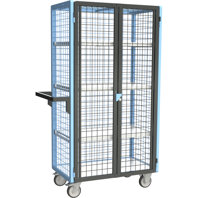 Servante grillagée 4 côtés, verrouillable, avec 3 étagères, plateau bois, 850 x 500 mm, 250 kg