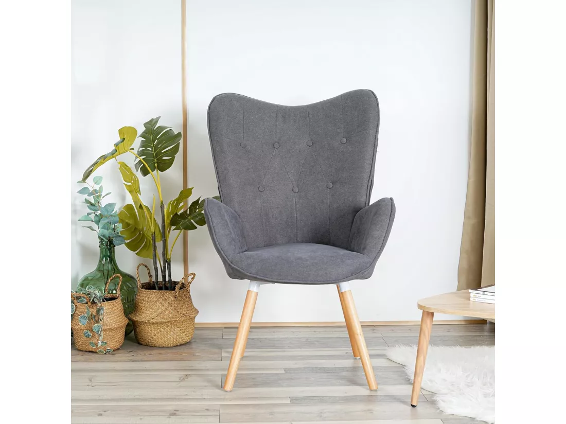 MEUBLES COSY Fauteuil Salon Scandinave Confortable Chaise de Coiffeuse Canapé de Loisirs pour Chambre Salle à Manger Bureau avec Assise Épais Accoudoirs Rembourés en Tissu Pieds Bois Massif, Gris Tissu