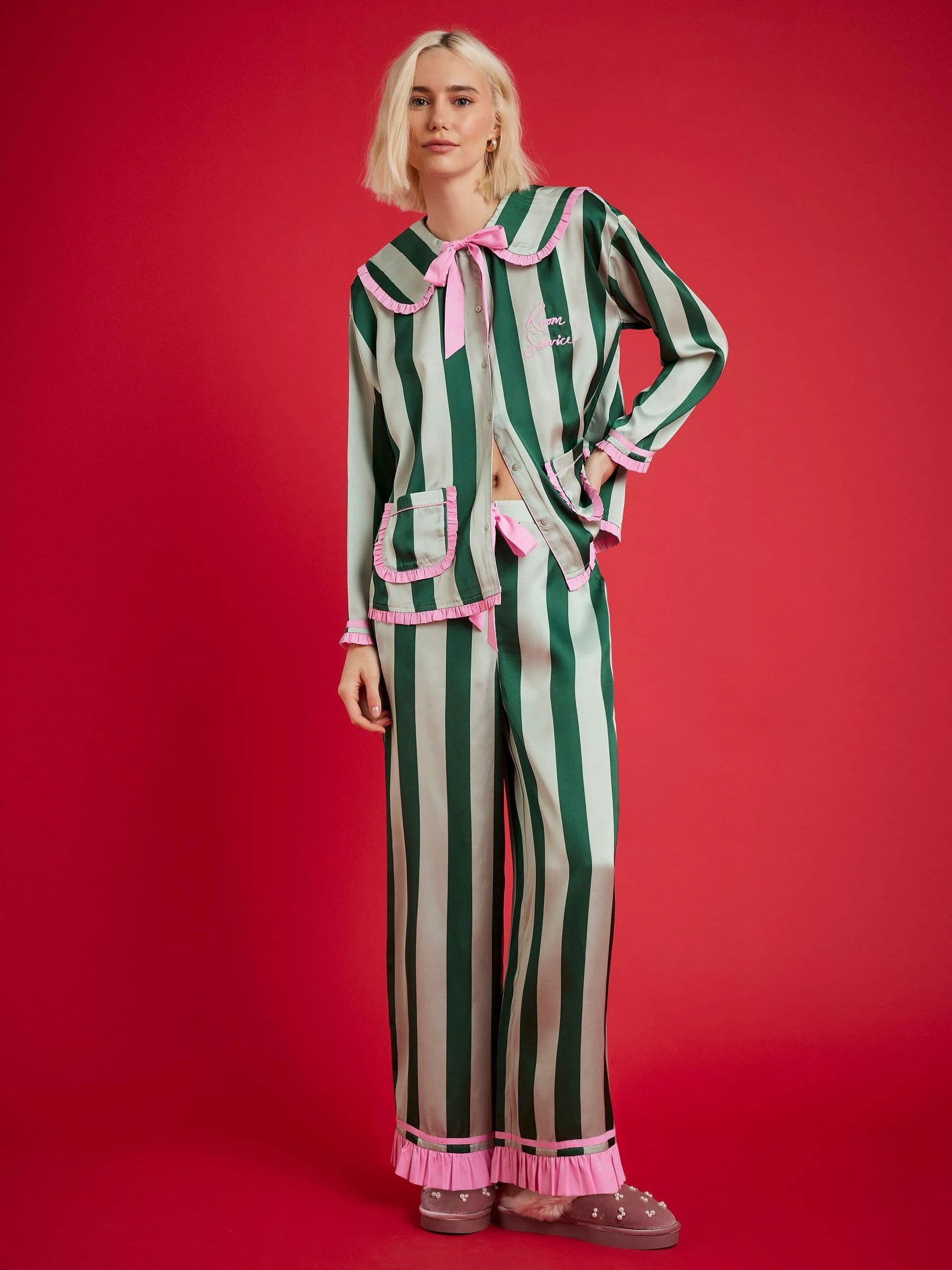 River Island Nephthys Collab Satin Striped collar Pyjama Set