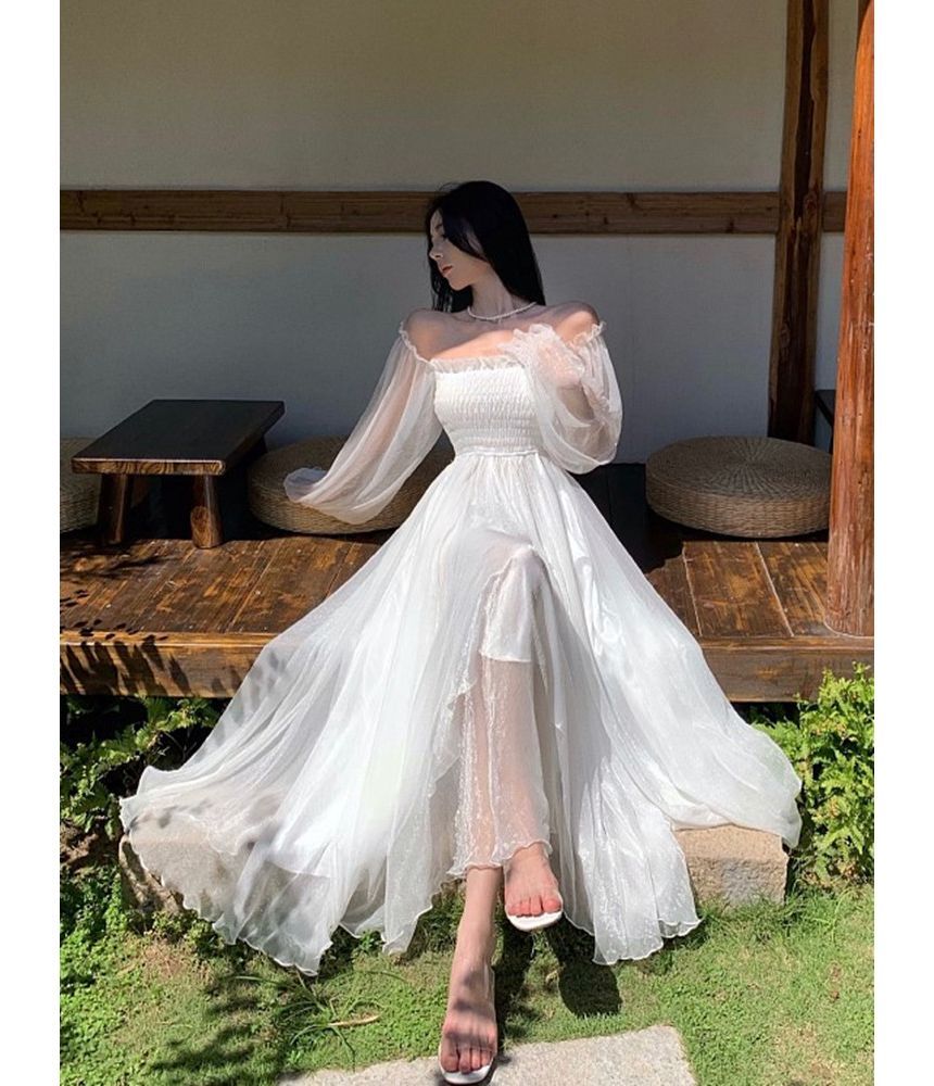JIYON - Lange mouwen off-shoulder maxi-A-lijnjurk met ruches en ruches