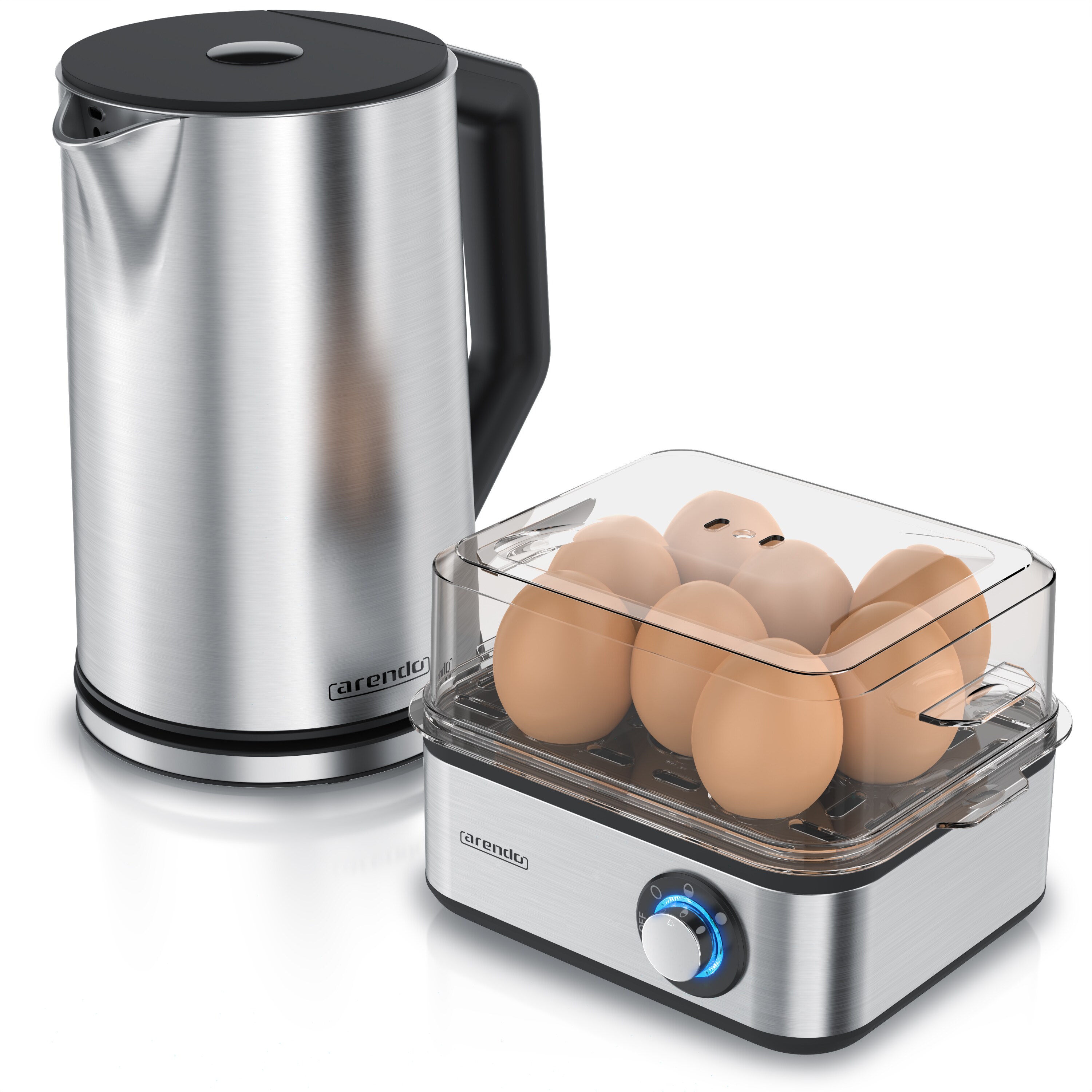 Arendo Frühstücks-Set, 8er Eierkocher EIGHTCOOK, Wasserkocher mit Temperatureinstellung, Silber