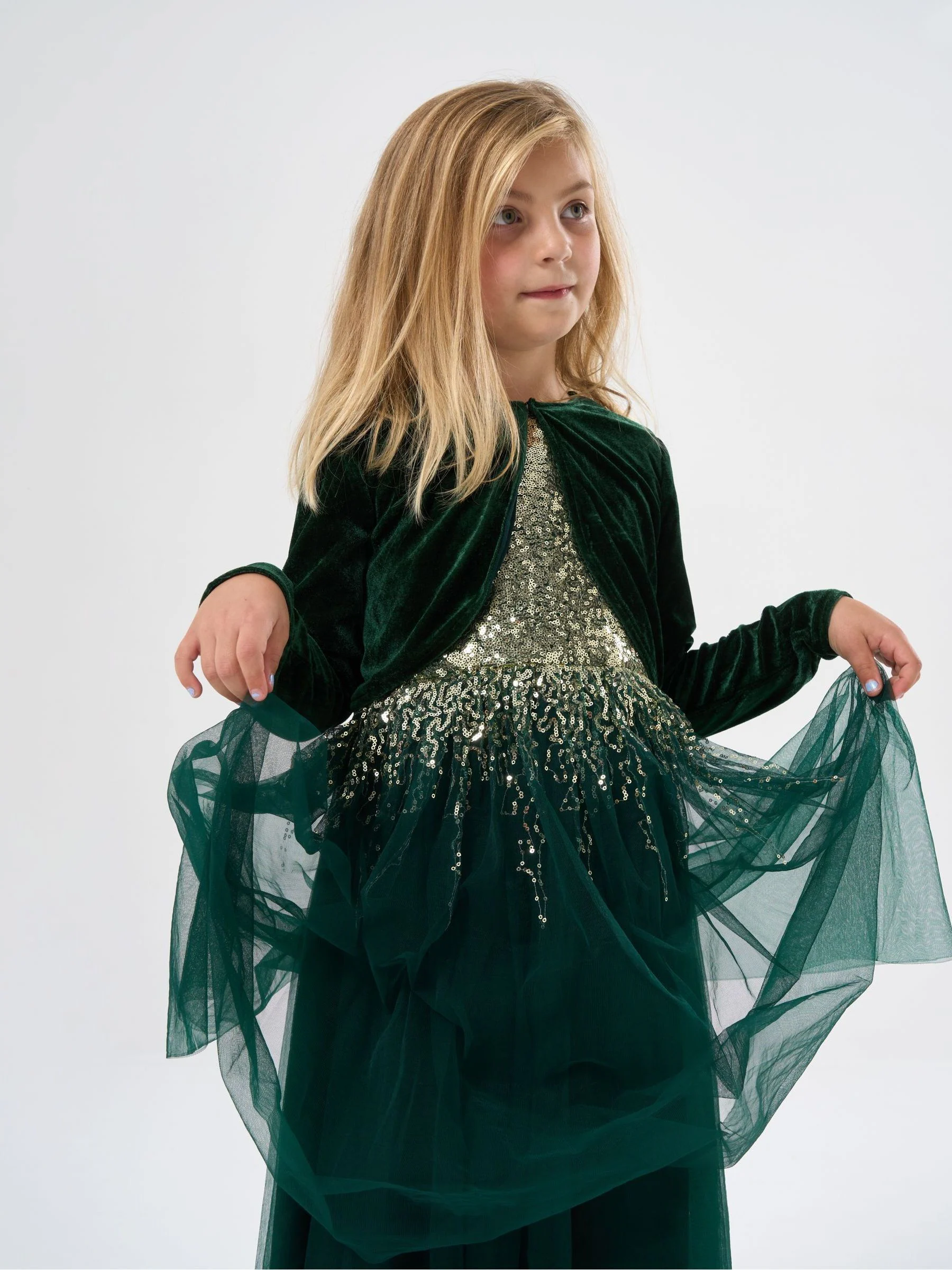 Miss Pailletten watervaljurk met faux fur bolero outfit set