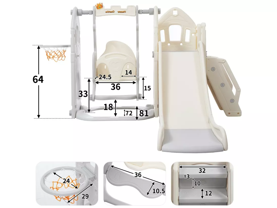 Toboggan 5 en 1 - avec escalier, balançoire, espace de rangement, panier de basket - gris clair