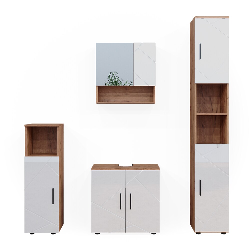 Vicco Badmöbelset Irma Eiche Weiß Hochglanz modern Badezimmerschrank Badschrank Badezimmermöbel Waschtischunterschrank Spiegelschrank Hochschrank Midischrank Schranktür Schrankfach