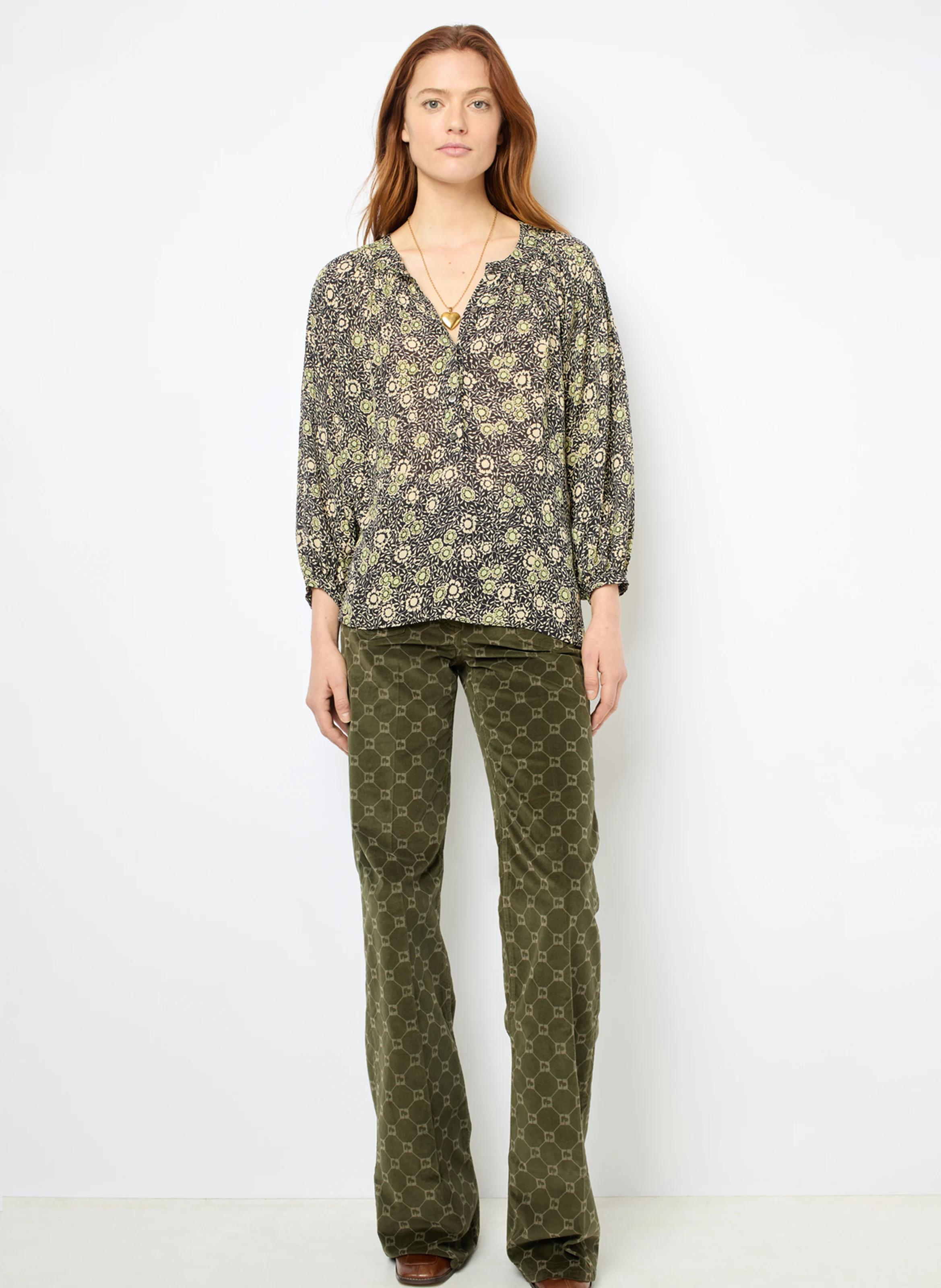 ADENA - Blouse ample col rond à imprimé | Kaki