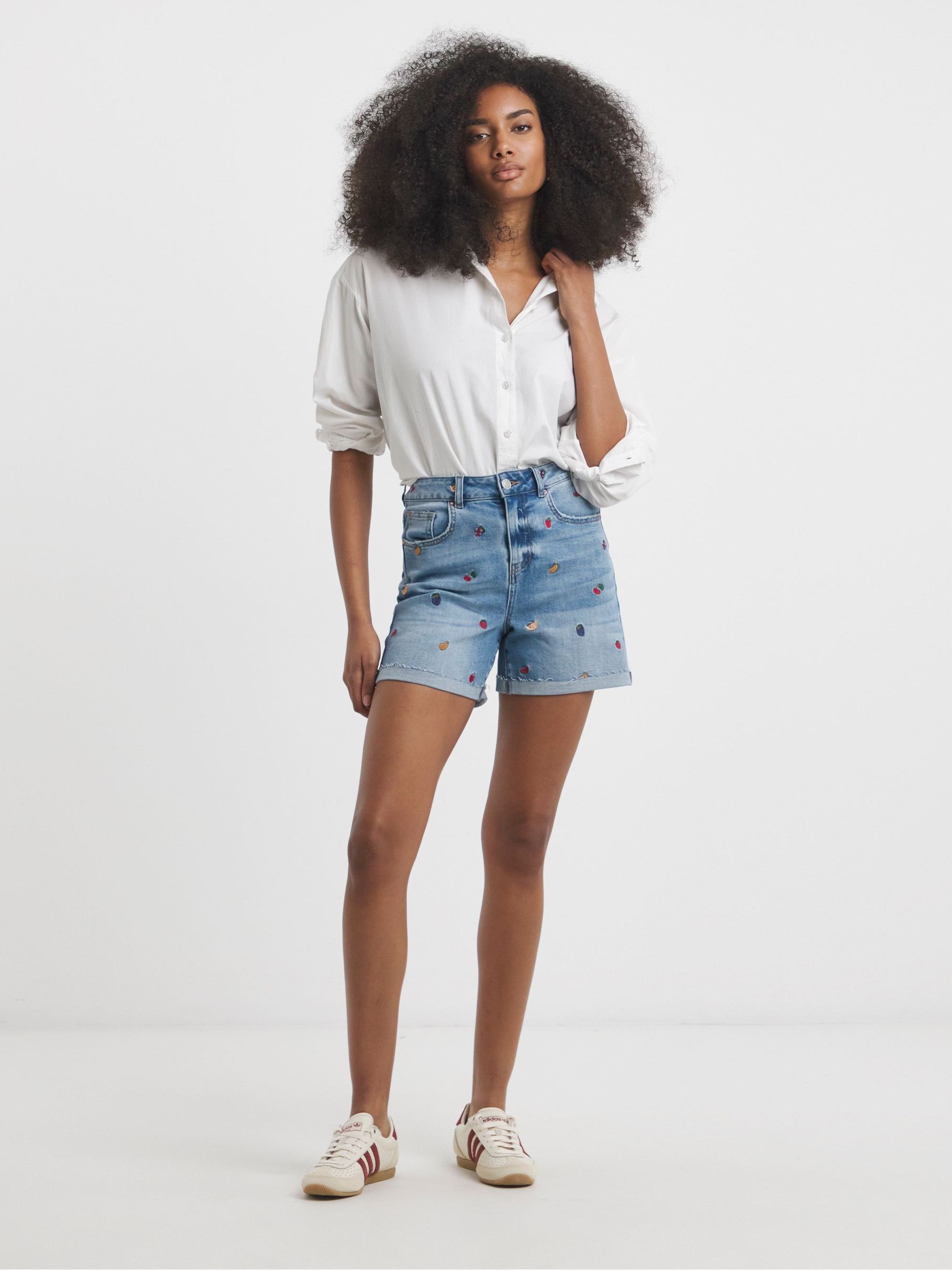 Simply Be Mom Fruit Salad Embroidered Roll Hem Denim Shorts